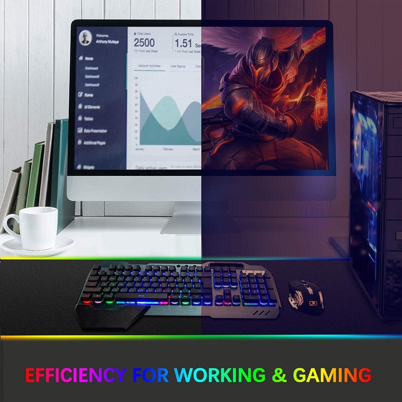 LexonElec Wireless Gaming Keyboard and Mouse,Rainbow Backlit Rechargeable Keyboard Mouse with 3800mAh Battery Metal Panel,Removable Hand Rest Mechanical Feel Keyboard and 7 Color Gaming Mute Mice for PC Gamers - Image 5